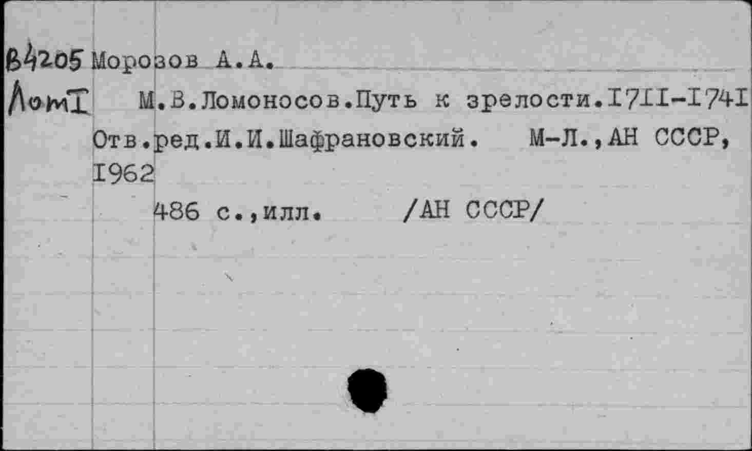 ﻿Морозов А. А.
/\оь<£ М.В.Ломоносов.Путь к зрелости. 17И-1741 Отв.ред.И.И.Шафрановский. М-Л.,АН СССР, 1962
486 с.,илл. /АН СССР/